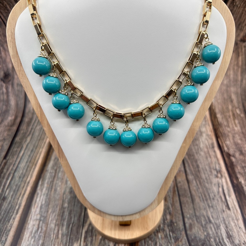 Turquoise & Gold Tone Blue Bead Dangle Link Necklace Rhinestone Statement Gift